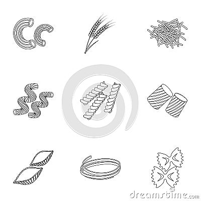 Types of pasta set icons in outline style. Big collection of types of pasta vector symbol stock illustration Vector Illustration