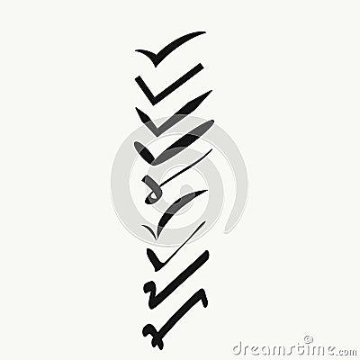 9 types of right marks in a row.different right types for typing,drawings and for simbols or signs. Stock Photo