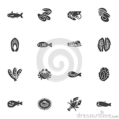 Types of seafood vector icons set Vector Illustration