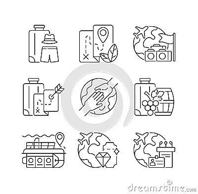 Types of tourism linear icons set Vector Illustration