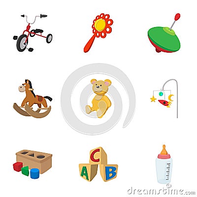 Types of toys icons set, cartoon style Vector Illustration