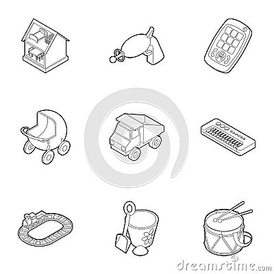 Types of toys icons set, outline style Vector Illustration