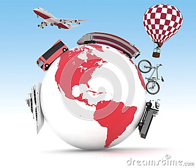 Types of transport on a globe. Concept of international tourism Stock Photo