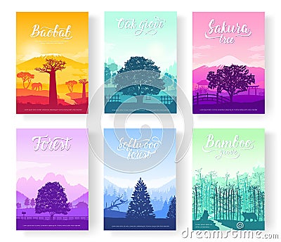 Types of trees from around the world. Beautiful parks from all over the planet. Colorful landscape forests trees. Set of Vector Illustration