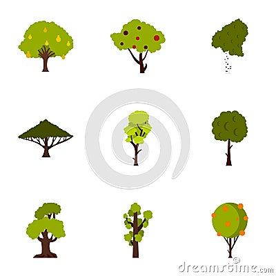 Types of trees icons set, flat style Vector Illustration