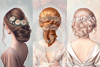 Types of wedding hairstyles for the bride and bridesmaids with hair braiding and decorations Stock Photo