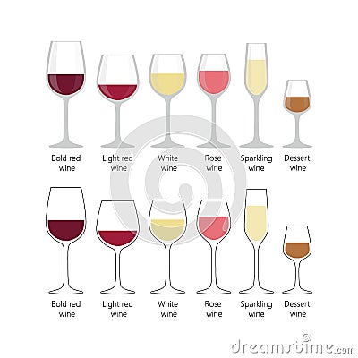 Types of wine glasses set. Colorful full wine glasses Vector Illustration