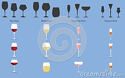 Types of Wine and Glasses Vector Illustration