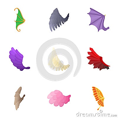 Types of wings icons set, cartoon style Vector Illustration