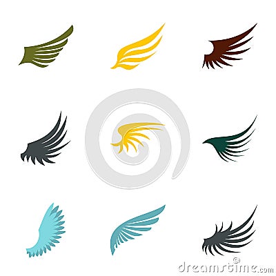 Types of wings icons set, flat style Vector Illustration