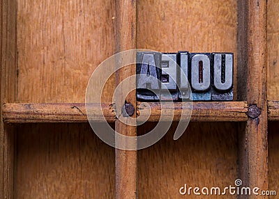 Typesetter drawer: AEIOU Stock Photo