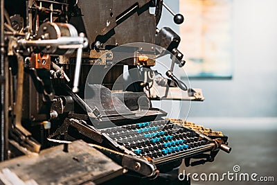 Typesetting Linotype Machine Produced In 1974. Detail. Paper Mill Museum. Famous Landmark, Historical Heritage Editorial Stock Photo