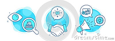 Typewriter, Candlestick chart and Sms icons set. Idea sign. Instruction, Report analysis, Conversation. Vector Vector Illustration