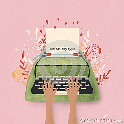 Typewriter and love note with hand lettering. Colorful hand drawn illustration for Happy Valentineâ€™s day. Greeting card Cartoon Illustration