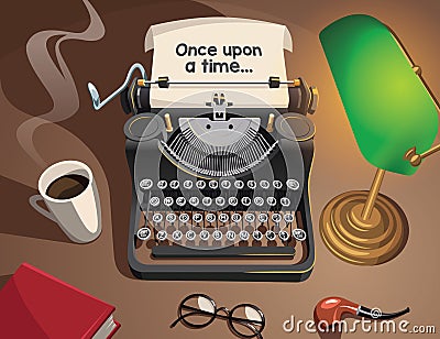 Typewriter and other bjects on writers work desk Cartoon Illustration