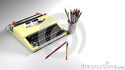 Typewriter and pencils on a white desk - 3D rendering illustration Cartoon Illustration