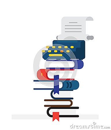 Typewriter on a stack of books. Vector. Flat style. Illustration for poster, print and website. Vintage device with manuscripts Vector Illustration