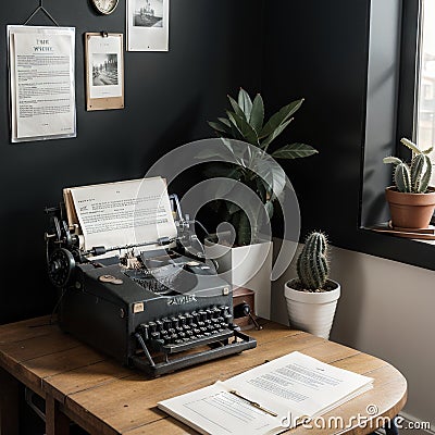 Typewriter and stack of papers on dark table in room Writer's workplace Stock Photo