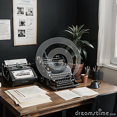 Typewriter and stack of papers on dark table in room Writer's workplace Stock Photo