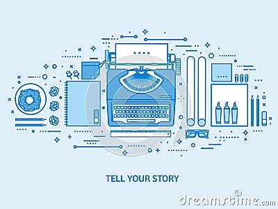 Typewriter on a table. Tell your story. Author. Blogging platform. Flat blue outline background. Line art vector Vector Illustration