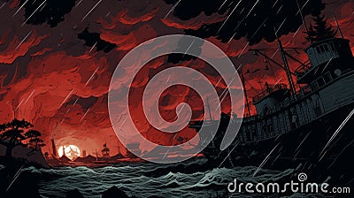 Typhoon: A Macabre Comic Image Of A Ship Battling A Red Sunrise Cartoon Illustration