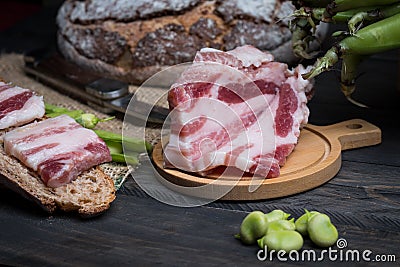 Beans with bacon and village bread Stock Photo