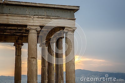 Typical ancient greek colonnade, sunset time Stock Photo