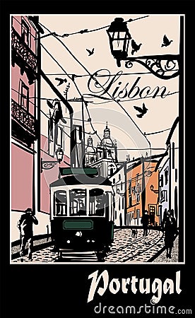 Typical architecture and tramway in Lisbon Vector Illustration