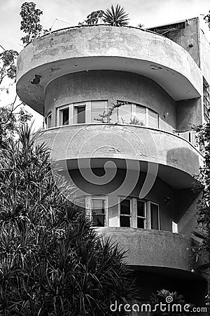Typical Bauhaus inspired architectral detail from Tel Aviv, also called as the White City, Israel Stock Photo