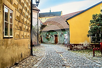 Typical beautiful cobblestone street in the old town of Cesky Krumlov, Czech Republic Stock Photo