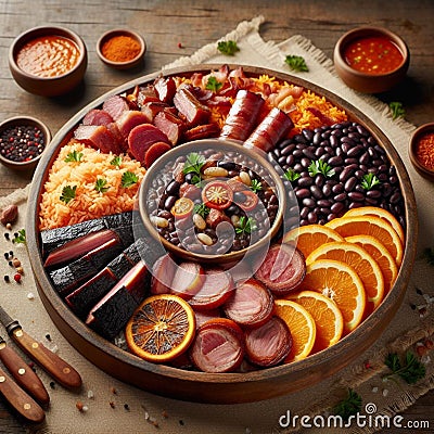 A typical Brazilian dish called feijoada, and it is a stew based on black beans and pork. Stock Photo