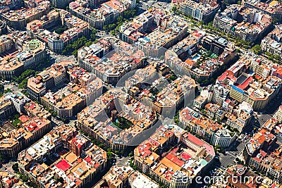 Typical buildings of Barcelona cityscape from helicopter. Cata Stock Photo