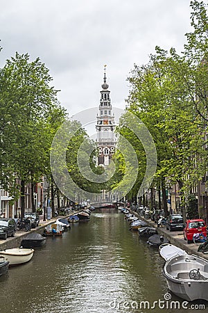 Typical canal with boats in Amsterdam Editorial Stock Photo