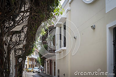 A typical colonial street of Cartagena de Indias Editorial Stock Photo