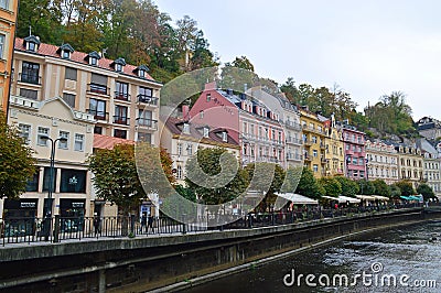 Typical colourful terrace building on River Tepla in Karlovy Vary Czech Republic Editorial Stock Photo