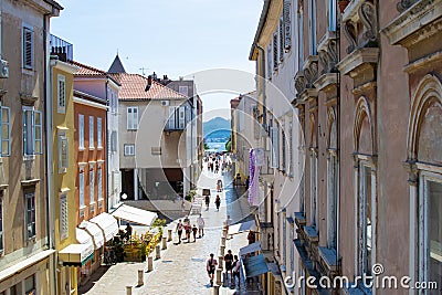 Typical croatian street with colorful buildings on both sides in the old town of Zadar, Croatia Editorial Stock Photo