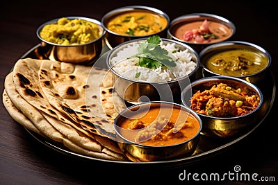 Typical curry set meal of meals south India with Chicken Tandoori, Mutton Curry, Subji Stock Photo