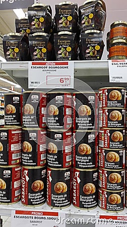 Typical dish of some European countries. belgium or france. snails to eat canned exposed in a store. Editorial Stock Photo
