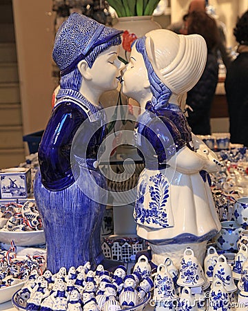 Typical dutch delft blue ceramic in souvenir shop Editorial Stock Photo