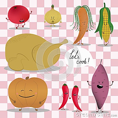 Typical festive Thanksgiving turkey and vegetable cooking. Some ingridients with smiles. Lets cook phrase. Vector Vector Illustration