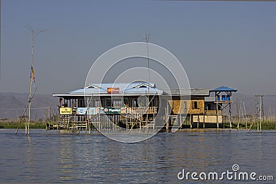 Typical floating houses on Inle Lake, Myanmar. Editorial Stock Photo
