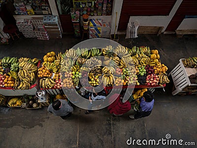 Typical food presentation indoor vegetables fruits selling in Mercado Modelo market Chachapoyas Peru South America Editorial Stock Photo