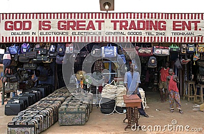 Typical Ghanaian shop, merchandise and sellers Editorial Stock Photo