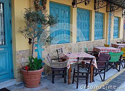 Typical Greek Kafenion, Kalamata, Peloponnese, Greece Stock Photo