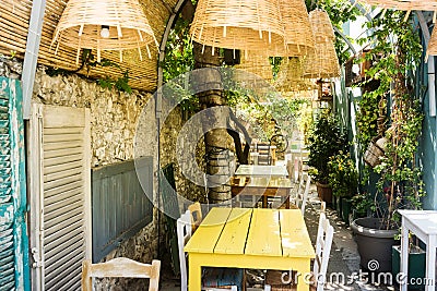 Typical greek patio. Stock Photo