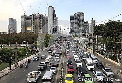 Typical heavy urban traffic congestion in downtown,Bangkok Editorial Stock Photo