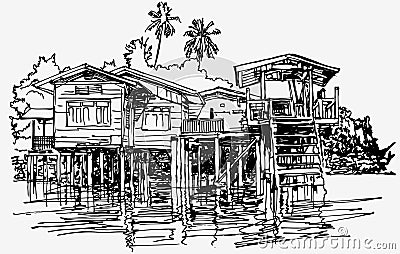 Typical house along the canal near Bangkok in Thai Vector Illustration