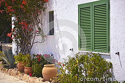 Typical House With Flower Pots in Mallorca, Spain Stock Photo