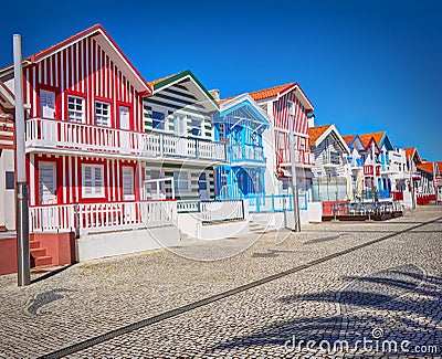 Typical houses with colorful stripes in Aveiro Stock Photo