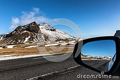 Typical Iceland landscape with road and mountains. Stock Photo